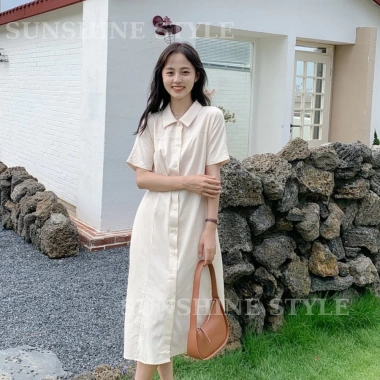 Đầm váy nữ bigsize Sunshine Style sơ mi thô cộc tay, chun eo dài, cổ polo 199k 7