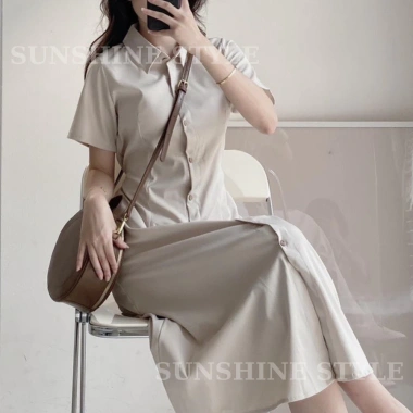 Đầm váy nữ bigsize Sunshine Style sơ mi thô cộc tay, chun eo dài, cổ polo 199k 8