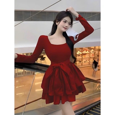 Đầm Váy Nữ Cổ Vuông Thắt Nơ Thun Tay Dài 2 Tầng Phối Lụa Bigsize 40‑85kg Giá 134k Tết Noel 4
