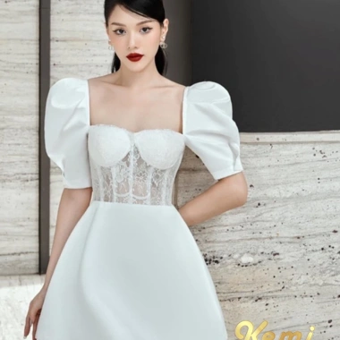 Đầm váy nữ Tafta cổ vuông tay bồng, eo ren xương cá, thiết kế Kemi - Giá 149.500₫