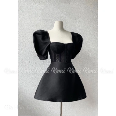 Đầm váy nữ Tafta cổ vuông tay bồng, eo ren xương cá, thiết kế Kemi - Giá 149.500₫