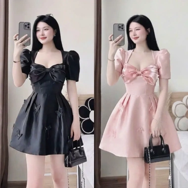 Đầm váy nữ Tafta đính nơ tay phồng, size 50-95kg, dự tiệc Tết Noel – Giá chỉ 179.000₫