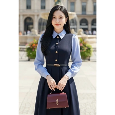 Đầm váy phối sơ mi tay lụa, vải chéo Hàn co giãn, dáng dài thanh lịch công sở, chỉ 295.000đ