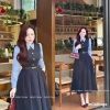 Đầm váy phối sơ mi tay lụa, vải chéo Hàn co giãn, dáng dài thanh lịch công sở, chỉ 295.000đ 3