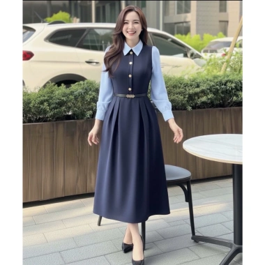 Đầm váy phối sơ mi tay lụa, vải chéo Hàn co giãn, dáng dài thanh lịch công sở, chỉ 295.000đ 5