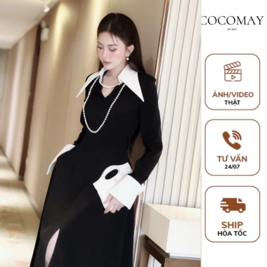 Đầm Vest Hazel COCOMAY - Thiết Kế Lá Cổ Trắng Thanh Lịch Maxi Tay Dài Nữ 699k