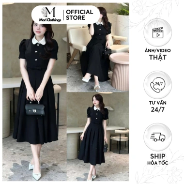 Đầm Xòe Cổ Trắng Nơ Nhí 3 Nút Cài Eo Tôn Dáng Thanh Lịch – MORI CLOTHINGS