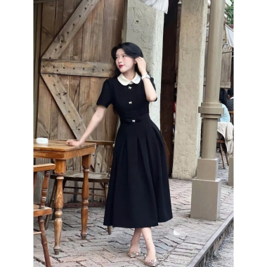 Đầm Xòe Cổ Trắng Nơ Nhí 3 Nút Cài Eo Tôn Dáng Thanh Lịch – MORI CLOTHINGS