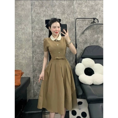 Đầm Xòe Cổ Trắng Nơ Nhí 3 Nút Cài Eo Tôn Dáng Thanh Lịch – MORI CLOTHINGS