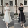 Đầm xoè dự tiệc dài chất tơ phối lưới đính đá - Sang trọng, giảm giá 305.000₫