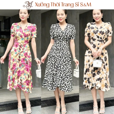 Đầm xòe hoa cổ và tùng, váy đắp chéo, tay phồng GR333 – Giá chỉ 179.000₫