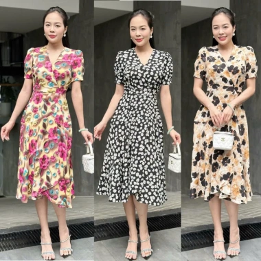 Đầm xòe hoa cổ và tùng, váy đắp chéo, tay phồng GR333 – Giá chỉ 179.000₫