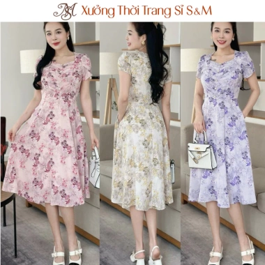 Đầm xòe hoa nhí xếp ngực đính nút tay búp sen có túi - Giá giảm 169.100₫