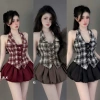 Đầm yếm kẻ dạ mix váy bí bồng, diện chơi Tết, mã mới A24 - Giá chỉ 399.000 VND