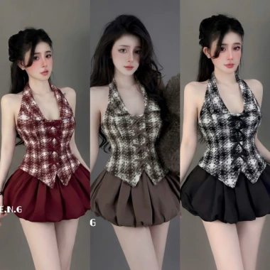 Đầm yếm kẻ dạ mix váy bí bồng, diện chơi Tết, mã mới A24 - Giá chỉ 399.000 VND