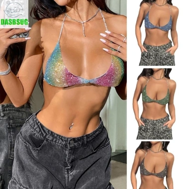 Dasbsug Hộp Đêm Nữ Lấp Lánh Kim Cương Giả – Bikini Dây Lưng Crop Top Áo Ngực Dây Xích