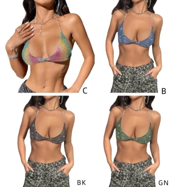 Dasbsug Hộp Đêm Nữ Lấp Lánh Kim Cương Giả – Bikini Dây Lưng Crop Top Áo Ngực Dây Xích