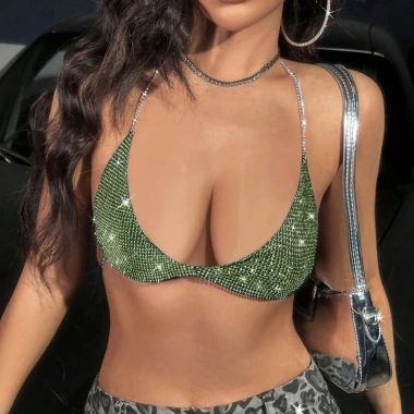 Dasbsug Hộp Đêm Nữ Lấp Lánh Kim Cương Giả – Bikini Dây Lưng Crop Top Áo Ngực Dây Xích