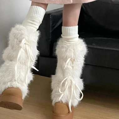 Dasbsug Nữ Fuzzy Boot Cover Giữ Ấm Chân - Ruy Băng Nơ Dễ Thương cho Quần Legging