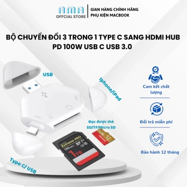 Đầu đọc thẻ nhớ đa năng SD/TF 3 trong 1 - Type C, USB, Lightning, Micro USB cho điện thoại, laptop, PC Giá chỉ 184.000₫