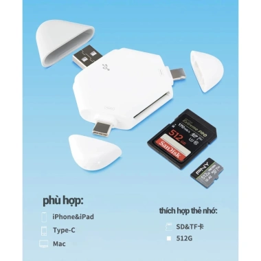 Đầu đọc thẻ nhớ đa năng SD/TF 3 trong 1 - Type C, USB, Lightning, Micro USB cho điện thoại, laptop, PC Giá chỉ 184.000₫ 3