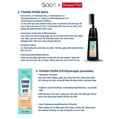 Dầu gội phủ bạc Saco 200ml - Nhuộm tóc thảo dược màu cơ bản, lược thông minh tiện lợi, giá ưu đãi 149k 4