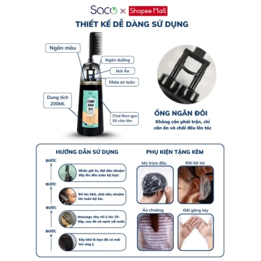 Dầu gội phủ bạc Saco 200ml - Nhuộm tóc thảo dược màu cơ bản, lược thông minh tiện lợi, giá ưu đãi 149k 7