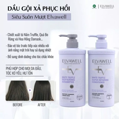 Dầu Gội Xả ELVAWELL White Truffle Super Repairing 500-1.000ml Màu Tím - Phục Hồi Suôn Mượt, Giá Ưu Đãi 300k
