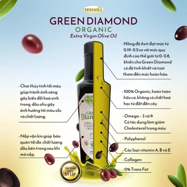 Dầu oliu organic siêu nguyên chất GREEN DIAMOND 250ml - Giá 253k, tốt cho sức khỏe