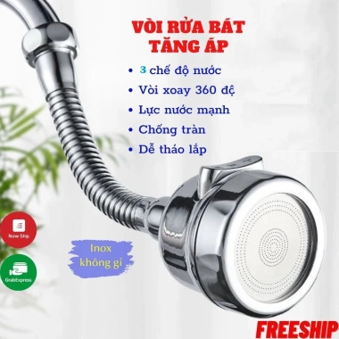 Đầu vòi tăng áp inox xoay 360 độ, đa chế độ, tiết kiệm nước, chỉ 21.000 VND
