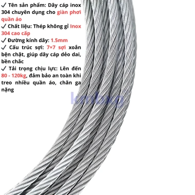 Dây Cáp Giàn Phơi Thông Minh Inox 304 1.5mm - Không Gỉ Chịu Lực Không Rối - 18.995₫