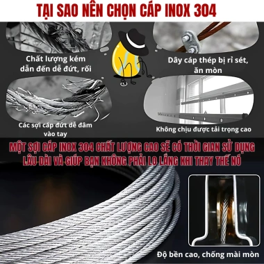 Dây Cáp Giàn Phơi Thông Minh Inox 304 1.5mm - Không Gỉ Chịu Lực Không Rối - 18.995₫