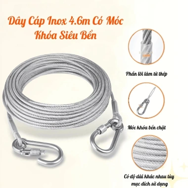 Dây cáp inox 4.6m bọc PVC 5mm kèm móc khóa Carabiner - Đa năng phơi đồ, treo võng, cố định, giá 79.000₫