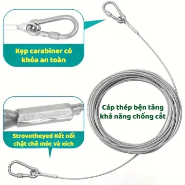 Dây cáp inox 4.6m bọc PVC 5mm kèm móc khóa Carabiner - Đa năng phơi đồ, treo võng, cố định, giá 79.000₫