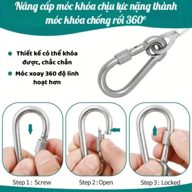 Dây cáp inox 4.6m bọc PVC 5mm kèm móc khóa Carabiner - Đa năng phơi đồ, treo võng, cố định, giá 79.000₫