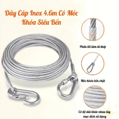 Dây Cáp Inox 4.6m Bọc PVC 5mm - Móc Carabiner Đa Năng Phơi Đồ, Treo Võng, Cố Định, Giá chỉ 79.000 VND 5
