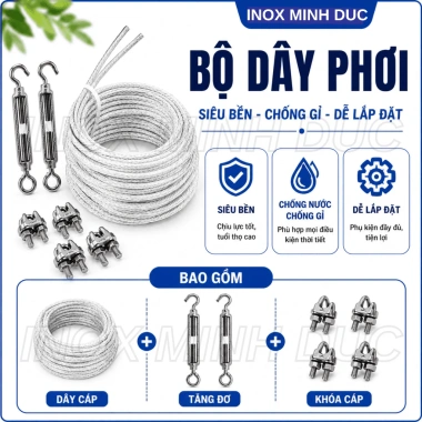 Dây cáp thép bọc nhựa phi 3-6mm kèm tăng đơ, khóa cáp - Giá ưu đãi 25.000₫