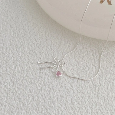 Dây chuyền bạc nữ 925 PMJ charm tim đá hồng nơ xinh xắn, dễ thương, 549k