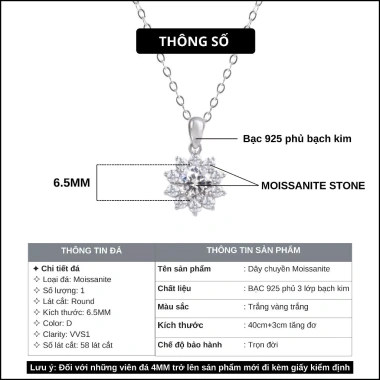 Dây chuyền Đá Moissanite 6.5mm Bạc 925 - Hoa Hướng Dương, Quà Tặng Hanada 1.883, 950.000₫
