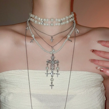 Dây chuyền hai lớp mặt thánh giá, chuỗi hạt thời thượng, nhẹ nhàng, sang trọng 60,160₫