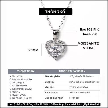 Dây chuyền Moissanite 6.5mm bạc 925 Hanada - Quà tặng 8/3 Trái tim viền đá C10 giá ưu đãi 1.2 triệu 7