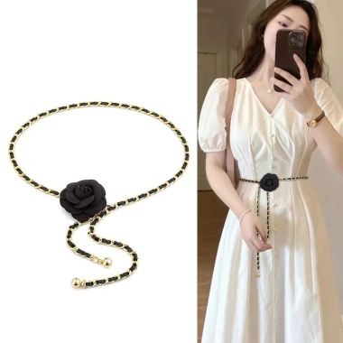 Dây chuyền thắt lưng Camellia nữ kim loại nhỏ đa năng màu đen trắng cao cấp 2 Dây chuyền thắt lưng Camellia nữ kim loại nhỏ đa năng màu đen trắng cao cấp 2