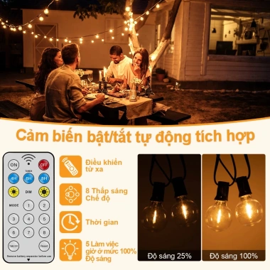 Dây đèn G40 năng lượng mặt trời chống nước, điều khiển từ xa – Trang trí sân vườn, tiệc tùng, lễ hội, giá 200.000₫