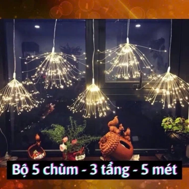 Dây đèn LED 5 chùm phạo hoa 3 tầng 8 hiệu ứng 7 màu vàng 3m - Decor Tết giá ưu đãi 120k