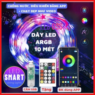 Dây đèn LED ARGB 10m Đổi màu, Hiệu ứng nháy, Điều khiển App & Cảm âm, Chống nước, Trang trí Noel & Tết