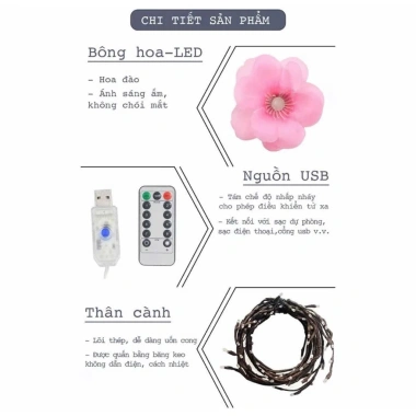 Dây đèn LED cành hoa đào 1.2m 48 bóng - Trang trí tường, nhà cửa, phòng khách, lễ Tết giảm giá 157.5k
