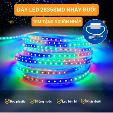 Dây đèn LED SMD2.835 bọc nhựa sắc màu 5‑30m chống nước, tặng nguồn 220V, hắt trần 9 Dây đèn LED SMD2.835 bọc nhựa sắc màu 5‑30m chống nước, tặng nguồn 220V, hắt trần 9