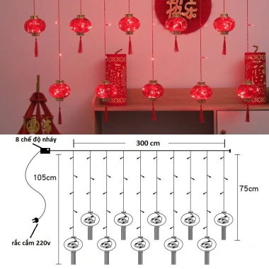 Dây Đèn Lồng Đỏ 3M 10 Bóng To Đèn LED Nhấp Nháy Hình Cầu May Mắn, Trang Trí Tết