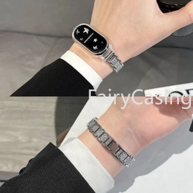Dây đeo cổ tay 12mm kim loại không gỉ cho Xiaomi Mi Band 10/9/8/7/6/5/4/3 NFC - Vòng kim cương sang trọng