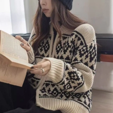 Dây Kéo Áo Len Jacquard Cardigan Retro - Áo Khoác Rời Lười Phong Cách Hàn Quốc, Giá ưu đãi 142.560₫